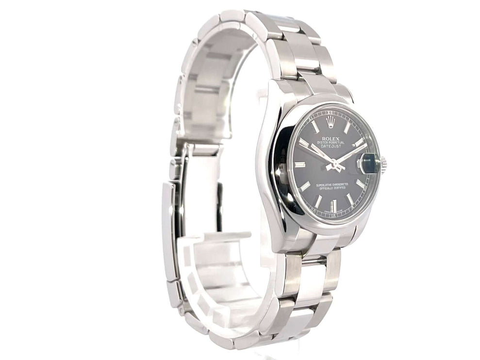 Rolex Datejust 31 Edelstahl 178240 Schwarz mit Oyster Armband und schwarzem Zifferblatt, poliert und satiniertem Edelstahlgehäuse.
