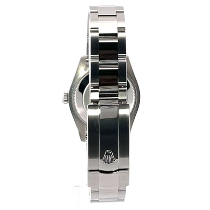 Rückansicht Rolex Datejust 31 Edelstahl 178240 Schwarz mit poliertem und satiniertem Oyster-Armband und Faltschließe.