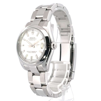 Rolex Oyster Datejust 31 Ref. 178240 mit silbernem Oyster-Band und Edelstahlgehäuse, silbernem Zifferblatt und Datum.