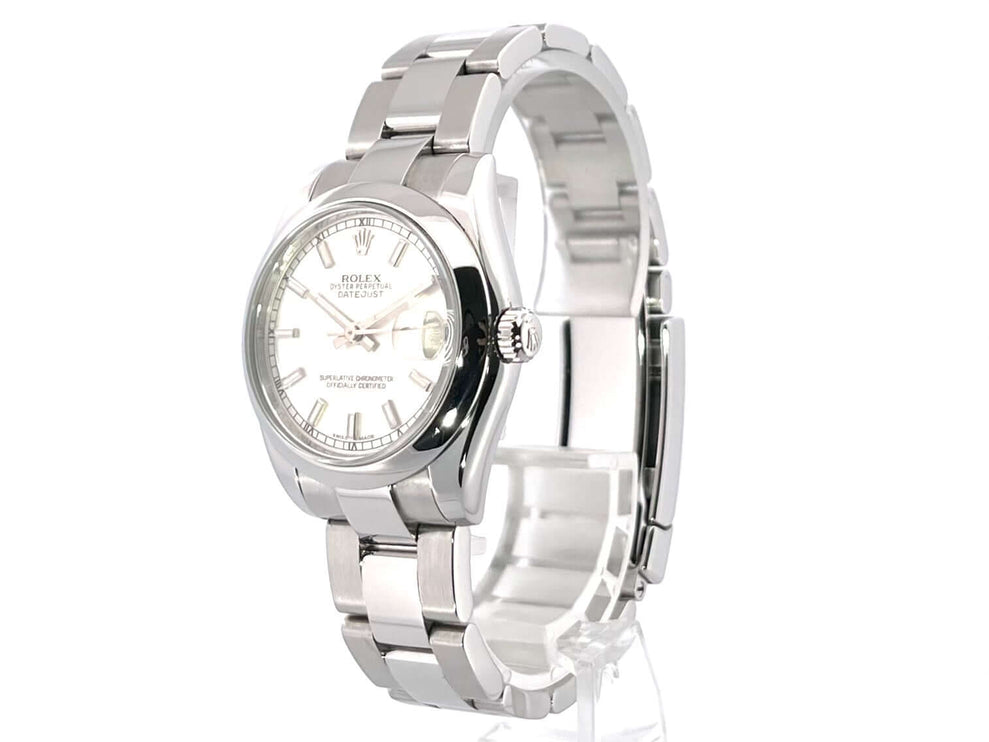 Rolex Oyster Datejust 31 Ref. 178240 mit silbernem Oyster-Band und Edelstahlgehäuse, silbernem Zifferblatt und Datum.