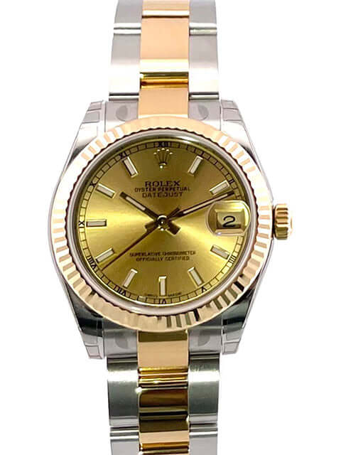 Rolex Datejust 31 armbanduhr 178273 edelstahl gelbgold champagner zifferblatt 31mm größe geriffelte lünette oyster armband faltschließe