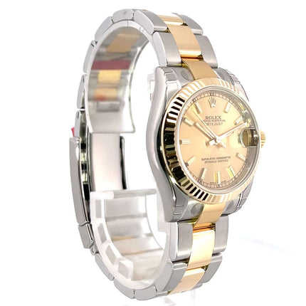 Rolex Datejust 31 Edelstahl Gelbgold 178273 mit Champagner Zifferblatt und Oyster Armband, poliert und satiniert, geriffelte Lünette.