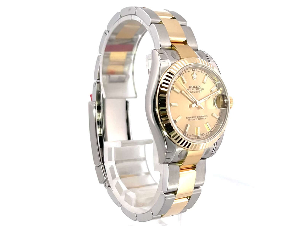 Rolex Datejust 31 Edelstahl Gelbgold 178273 mit Champagner Zifferblatt und Oyster Armband, poliert und satiniert, geriffelte Lünette.