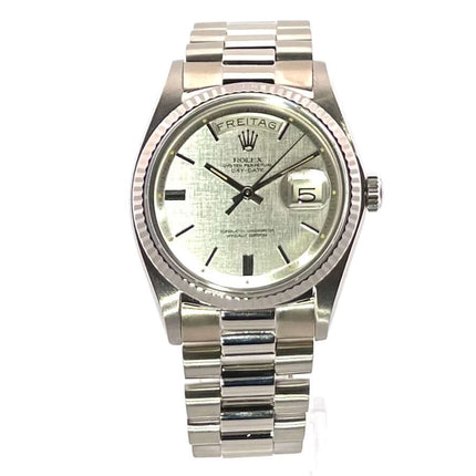 Rolex Day-Date 36 Weißgold 1803 mit silberfarbenem Zifferblatt und Präsident Armband aus poliertem und satiniertem 18 kt Weißgold