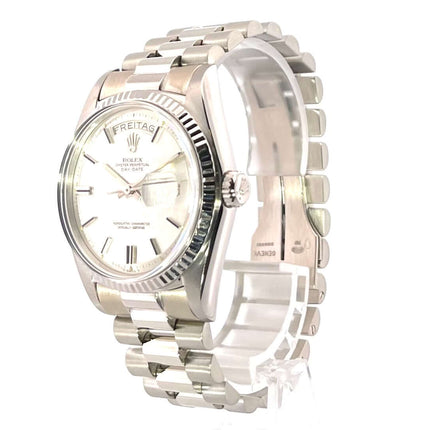 Rolex Day-Date 36 Weißgold 1803, silbernes Zifferblatt mit Leuchtindizes, Präsident Armband aus 18 kt Weißgold, Datumsanzeige, Wochentagsanzeige