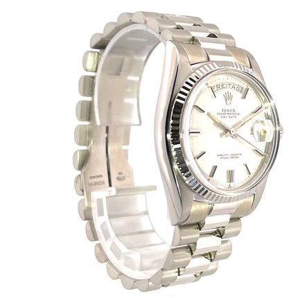Rolex Day-Date 36 Weißgold 1803 Uhr mit silberfarbenem Zifferblatt und Präsident Armband aus 18 kt Weißgold