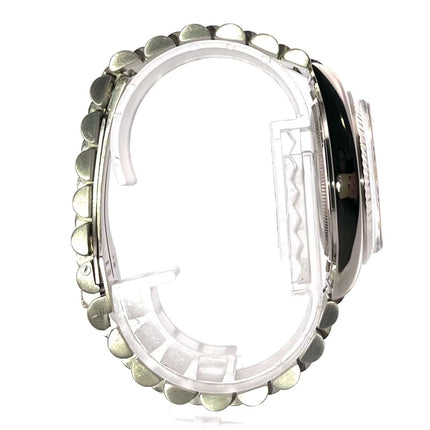 Rolex Day-Date 36 Weißgold 1803 Seitenansicht des gefalteten Präsident Armbands und Gehäuses aus poliertem und satiniertem 18 kt Weißgold