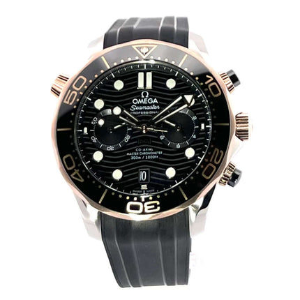 Omega Seamaster Diver 300M Chronograph 2022 mit Edelstahlgehäuse und Roségold-Lünette, schwarzes Zifferblatt, schwarzes Kautschukarmband