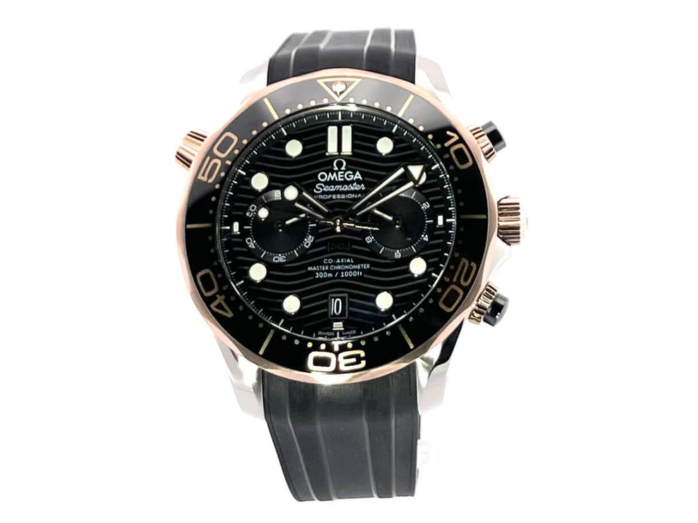 Omega Seamaster Diver 300M Chronograph 2022 mit Edelstahlgehäuse und Roségold-Lünette, schwarzes Zifferblatt, schwarzes Kautschukarmband