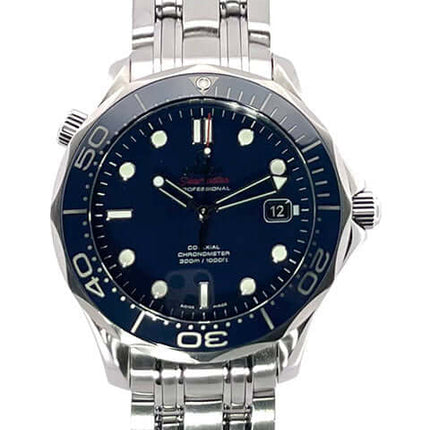 Omega Seamaster Diver Co-Axial 300M 212.30.41.20.03.001, Edelstahlgehäuse, blaues Zifferblatt, Edelstahlband, Taucheruhr, Heliumventil bei 10 Uhr.