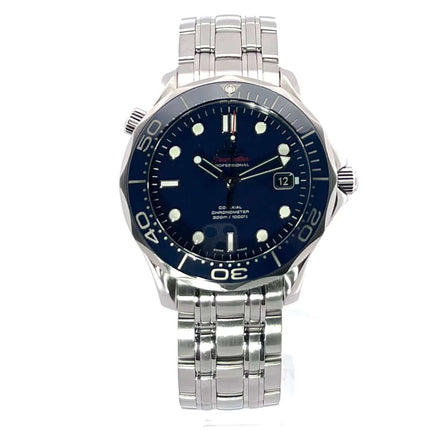 Omega Seamaster Diver Co-Axial 300M Ref. 212.30.41.20.03.001, Edelstahlgehäuse, blaues Zifferblatt, Heliumventil, Edelstahlband, 60 Minuten Skala.