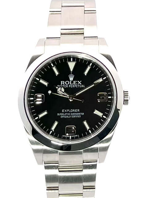 Rolex Explorer I Edelstahl Ref. 214270 aus 2011 mit schwarzem Zifferblatt, poliertem und satiniertem Edelstahlgehäuse und -armband.