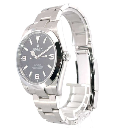 Rolex Explorer I Edelstahl 214270, poliertes und satiniertes 39mm Edelstahlgehäuse, schwarzes Zifferblatt, Oyster Edelstahlband.