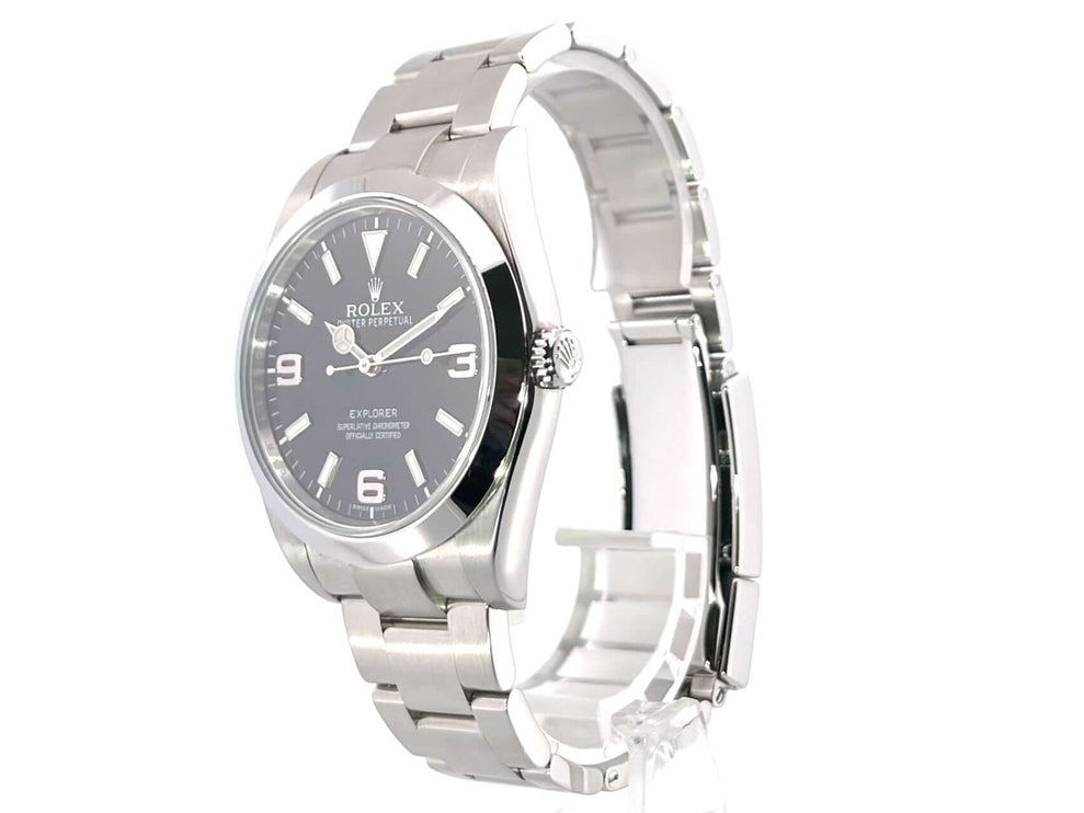 Rolex Explorer I Edelstahl 214270, poliertes und satiniertes 39mm Edelstahlgehäuse, schwarzes Zifferblatt, Oyster Edelstahlband.