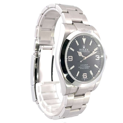 Rolex Explorer I Edelstahl 214270, poliertes und satiniertes Edelstahlgehäuse, 39 mm, schwarzes Zifferblatt, Oysterband, 2011 Modell.