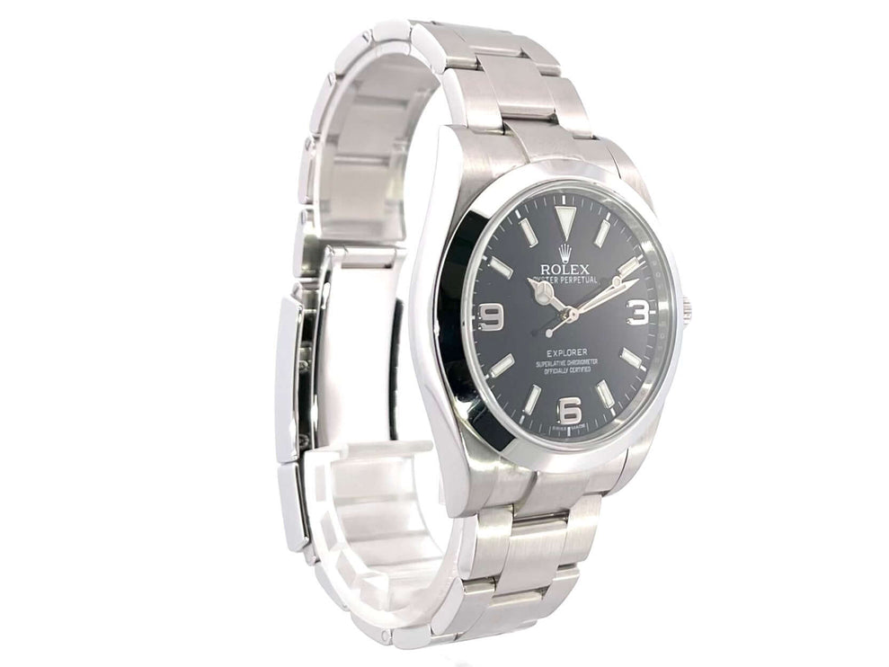 Rolex Explorer I Edelstahl 214270, poliertes und satiniertes Edelstahlgehäuse, 39 mm, schwarzes Zifferblatt, Oysterband, 2011 Modell.