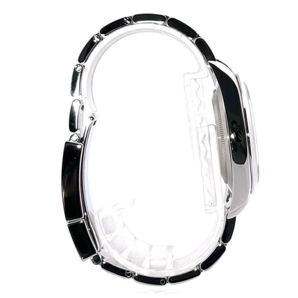 Seitenansicht der Rolex Explorer I Edelstahl 214270, Gehäusedurchmesser 39 mm, poliertes und satiniertes Edelstahlarmband.