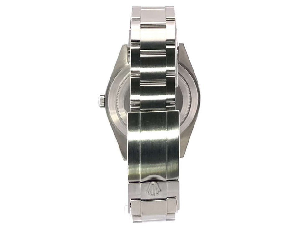 Rückansicht des Rolex Explorer I Edelstahl 214270, poliertes und satiniertes Edelstahlband mit Faltschließe.