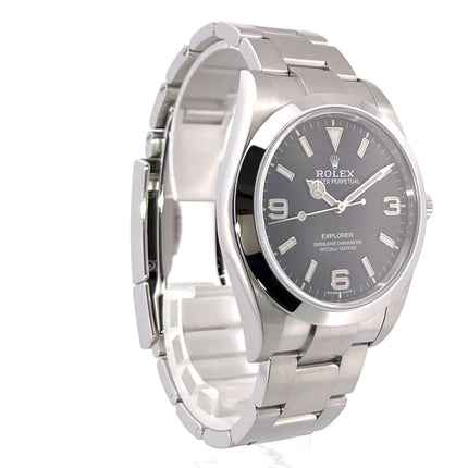 Rolex Explorer I Edelstahl 214270 aus 2019 mit poliertem Edelstahlgehäuse, 39 mm Durchmesser, schwarzem Zifferblatt und Oyster Edelstahlband.