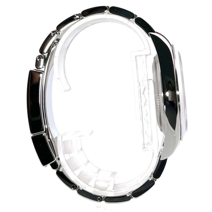 Rolex Explorer I Edelstahl 214270 Seitenansicht, poliertes und satiniertes Edelstahlgehäuse und Armband.