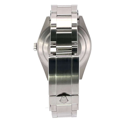 Rückseite der Rolex Explorer I Edelstahl 214270 aus 2019, poliertes und satiniertes Edelstahl-Oysterband mit Faltschließe.