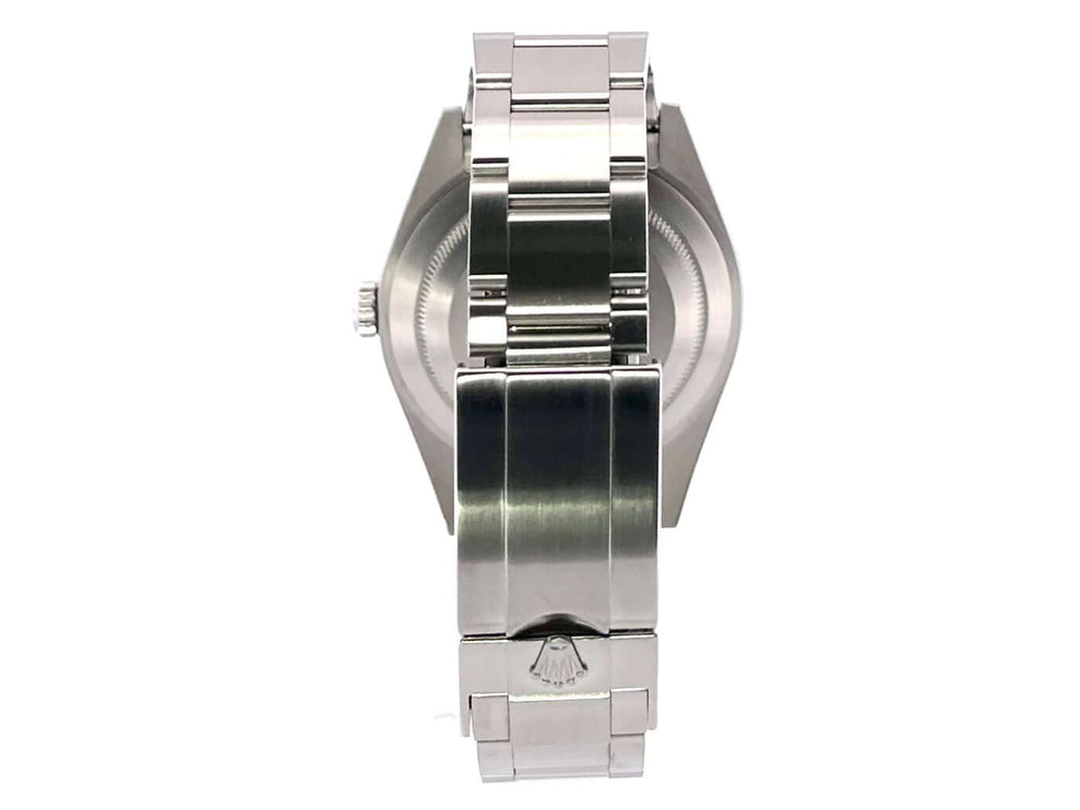 Rückseite der Rolex Explorer I Edelstahl 214270 aus 2019, poliertes und satiniertes Edelstahl-Oysterband mit Faltschließe.