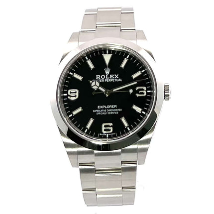 Rolex Explorer I 214270 Edelstahl Uhr mit schwarzem Zifferblatt und Oyster Edelstahlband