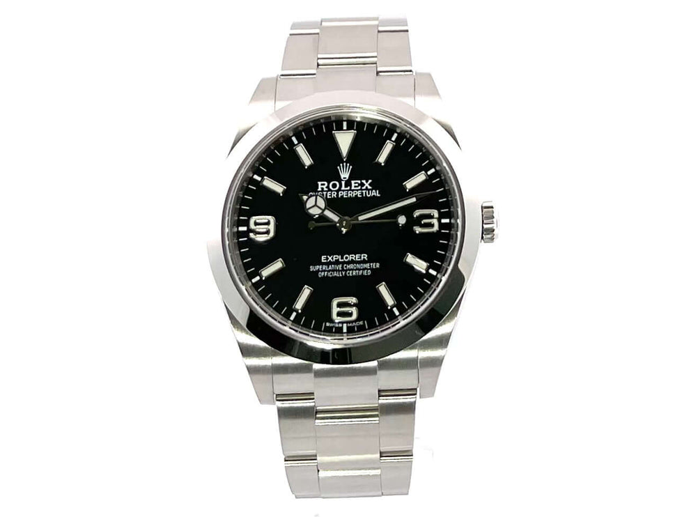 Rolex Explorer I 214270 Edelstahl Uhr mit schwarzem Zifferblatt und Oyster Edelstahlband