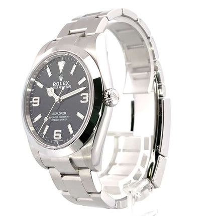 Rolex Explorer I Edelstahl 214270, poliertes und satiniertes Gehäuse, schwarzes Zifferblatt, Edelstahlband, Automatikwerk 3132