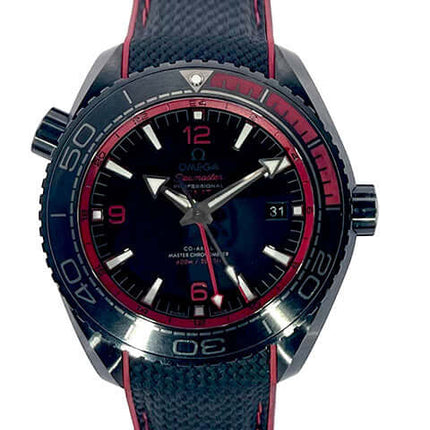 Omega Seamaster Planet Ocean 600m Deep Black Master Chronometer 45.5 GMT Uhr mit schwarzem Zifferblatt und Kautschukband