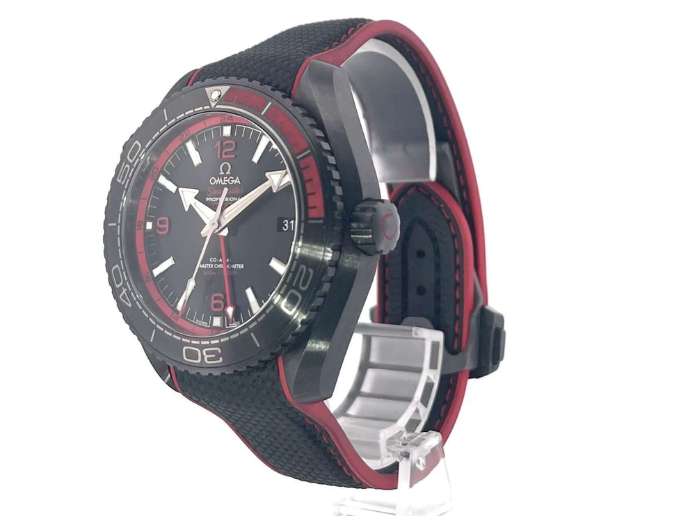 Omega Seamaster Planet Ocean 600m Deep Black 45,5 GMT Keramikgehäuse, schwarze Lünette, schwarz/rotes Kautschukband, Ref. 215.92.46.22.01.003