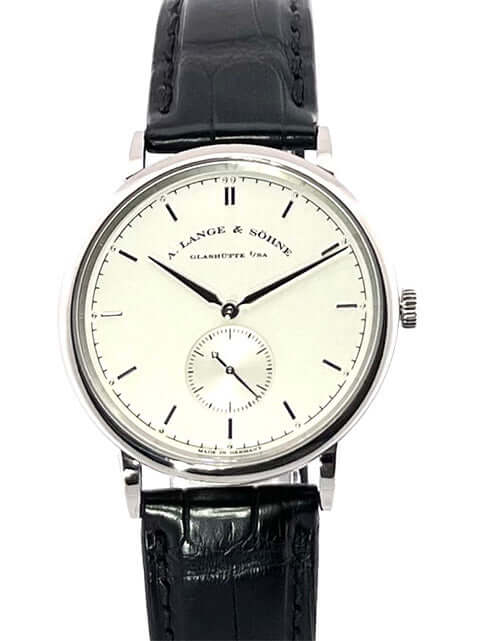 A. Lange & Söhne Saxonia 216.026 Weißgold Uhr mit weißem Zifferblatt und schwarzem Alligatorlederarmband