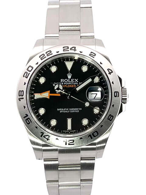 Rolex Explorer II 42 Edelstahl Ref. 216570, schwarzes Zifferblatt, Edelstahl-Lünette und -Armband, Automatikwerk, leuchtende Indizes und Zeiger, Jahr 2018.