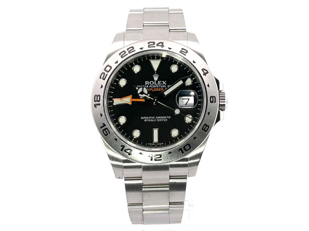 Rolex Explorer II 42 Edelstahl 216570, schwarzes Zifferblatt, Oyster Edelstahl Armband, 24-Stunden Lünette, 2018 Modell, poliert und satiniert.