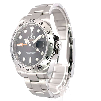 Rolex Explorer II 42 Edelstahl Ref. 216570, schwarzes Zifferblatt, poliertes und satiniertes Edelstahlgehäuse, Oyster-Armband, leuchtende Indizes und Zeiger