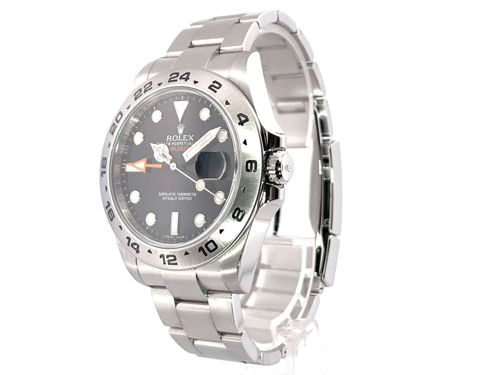 Rolex Explorer II 42 Edelstahl Ref. 216570, schwarzes Zifferblatt, poliertes und satiniertes Edelstahlgehäuse, Oyster-Armband, leuchtende Indizes und Zeiger