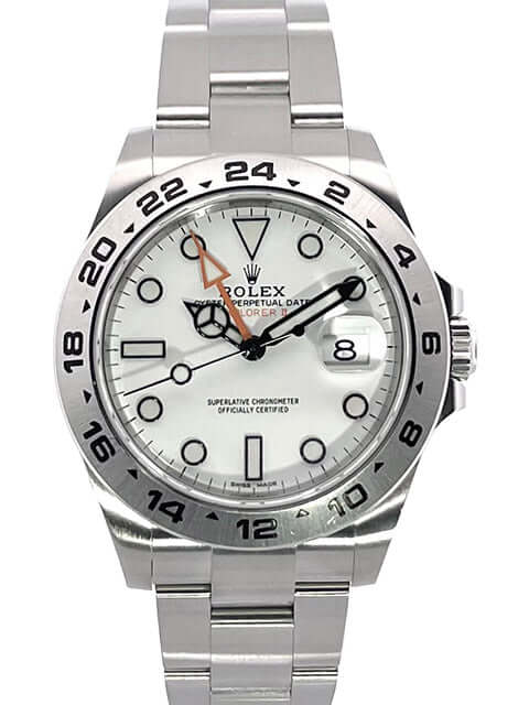 Rolex Explorer II 42 mm Edelstahl Ref. 216570 weißes Zifferblatt, poliertes und satiniertes Gehäuse, Oyster Armband, Leuchtindizes und Leuchtzeiger.