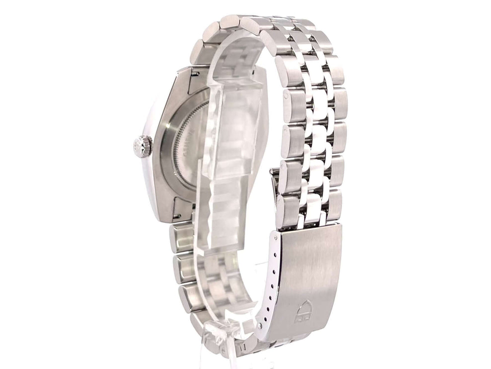 Rückseite der Tudor Classic Date & Day 41 Ref. 23010 Uhr mit Edelstahlgehäuse und Edelstahlarmband, poliert und satiniert.