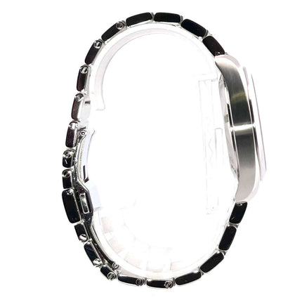 Seitenansicht der Omega Seamaster Aqua Terra Quartz 38,5 mm 231.10.39.60.06.001 mit poliertem und satiniertem Edelstahlarmband, 2015 Modell.