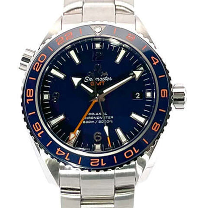 Omega Seamaster Planet Ocean GMT Good Planet 232.30.44.22.03.001 Edelstahl Armband, blaues Zifferblatt, drehbare Lünette, Heliumventil