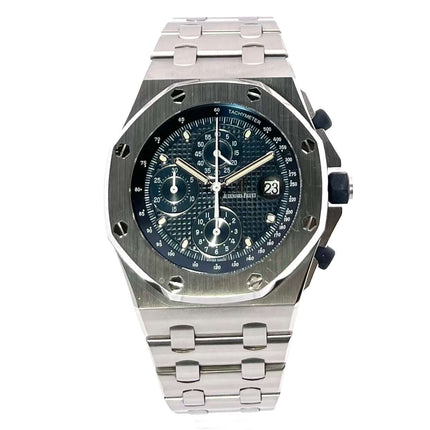 Audemars Piguet Royal Oak Offshore 26237ST.OO.1000ST.01 Edelstahluhr aus 2020 mit blauem Zifferblatt, Leuchtindizes und Tachymeterskala.