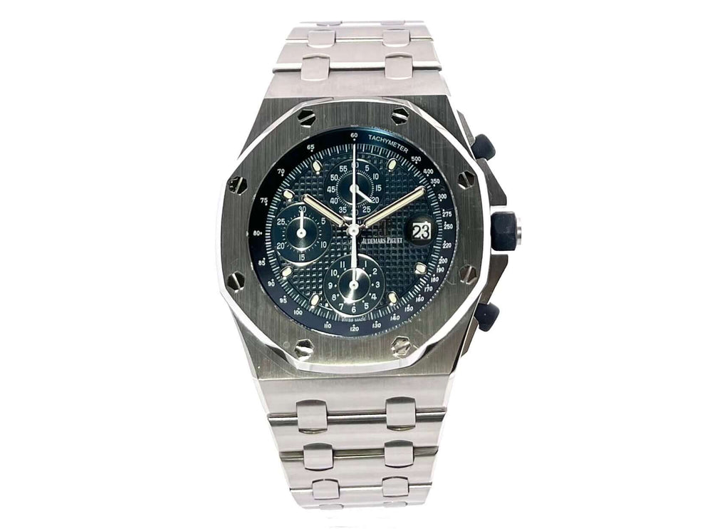 Audemars Piguet Royal Oak Offshore 26237ST.OO.1000ST.01 Edelstahluhr aus 2020 mit blauem Zifferblatt, Leuchtindizes und Tachymeterskala.