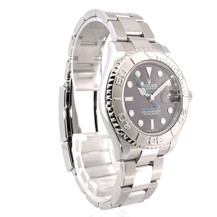 Rolex Yacht-Master 37 Edelstahl Platin 268622 Rhodium Armbanduhr mit grauem Zifferblatt und Oyster Edelstahlarmband, Ansicht seitlich.