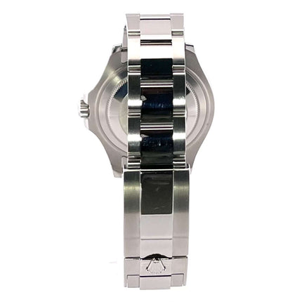 Rückseite der Rolex Yacht-Master 37 Edelstahl Platin 268622 Rhodium, zeigt satiniertes und poliertes Oyster Edelstahl Armband aus 2022