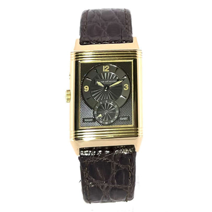 Jaeger-LeCoultre Reverso 270.140.544, poliertes 18 kt Gelbgoldgehäuse, braunes Alligatorleder Armband, silberfarbenes Zifferblatt, Handaufzug Uhrwerk