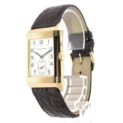 Jaeger-LeCoultre Reverso 270.140.544 Uhr, 18 kt Gelbgold, braunes Alligatorleder Armband, silbernes Zifferblatt, Handaufzug, Kaliber Jaeger-LeCoultre