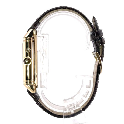 Seitenansicht der Jaeger-LeCoultre Reverso 270.140.544 Armbanduhr mit braunem Alligatorlederarmband und 18 kt Gelbgoldgehäuse.