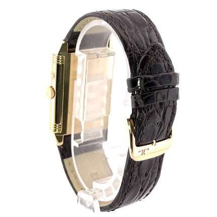 Rückseite der Jaeger-LeCoultre Reverso 270.140.544 Uhr mit braunem Alligatorlederarmband und 18 kt Gelbgold Dornschließe.