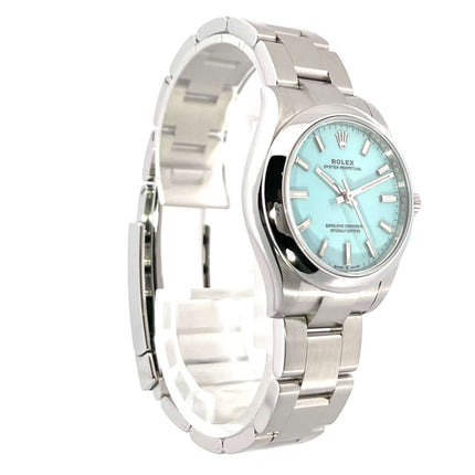 Rolex Oyster Perpetual 31 Ref. 277200 seltener türkisblauer Zifferblatt, Edelstahlgehäuse und Armband, poliert und satiniert, Seiteansicht