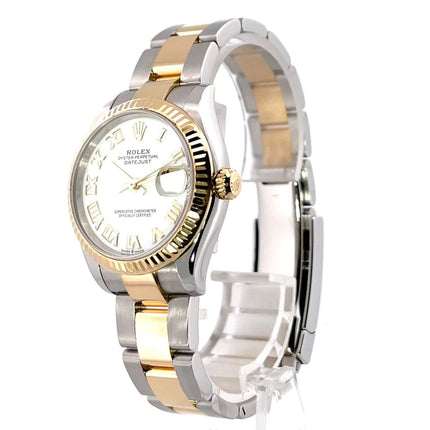 Rolex Datejust 31 Oystersteel Gelbgold Ref. 278273, weißes Zifferblatt, römische Ziffern, 18 kt Gelbgold-Lünette.